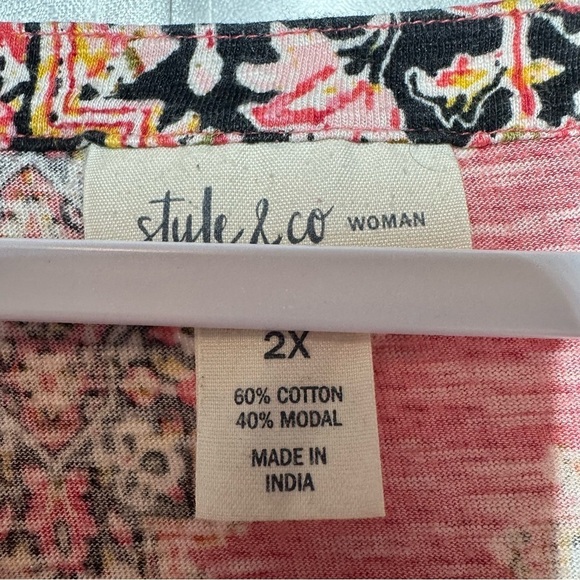 Style & Co Woman Blouse Top Plus 2X Boho Mixed Print Roll Tab Sleeves Red Hippie - Picture 4 of 10